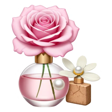 a beautiful aesthetic single rose in white and pink with an ivory bow and a pearl white perfume bottle with a white daisy on the cork sticker