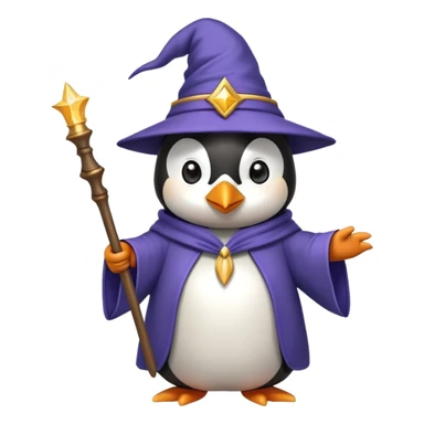 penguin wearing a wizard hat and robe, holding a magic wand sticker