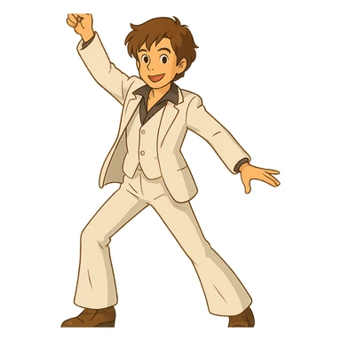 ghibli style disco dancing man, white outfit, brown hair sticker