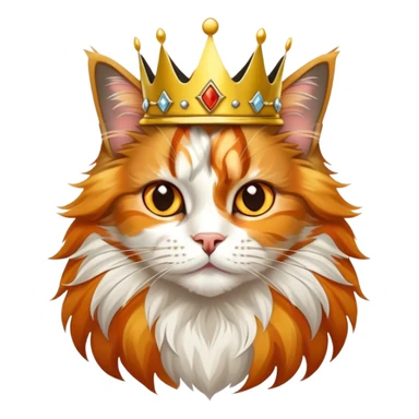 calico maine coon cat with orange, black and white patches wearing a golden crown sticker