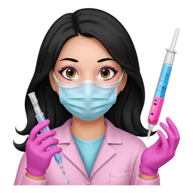 laboratorista con guantes rosa y mascarilla rosa  jeringa tubo laboratorio sin lentes  y  ojos negro cabello largo negro sticker