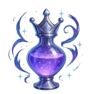 prabangus eliksyro buteliukas, maža karūnos forma, spalva #7986cb, sidabrinės ir holografinės detalės, daug magiškų efektų, labai mažas kaklelis, vientisas dugnas, skaidrus fonas, buteliukas plūduriuoja ore, be pagrindo ar šešėlio, modernus, kolekcijai tinkamas sticker