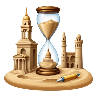 icon featuring ancient scrolls, quill pen with famous historical landmarks and monuments in the background like colliseum. Large, antique sand clocks with sand pouring out represent the passage of time. Historical figures are depicted as statues. Transparent background. sticker