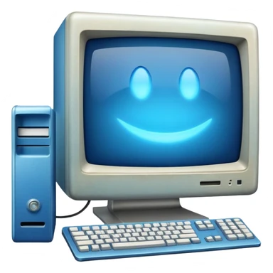old mac computer with a blue glowy screen, sticker