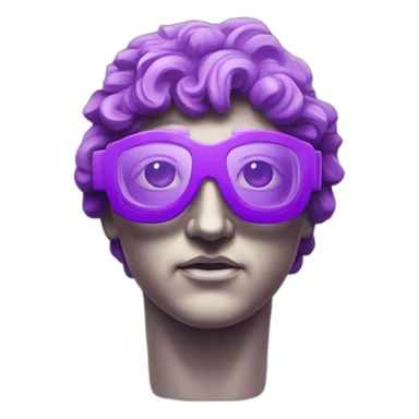an EMOJI OF A ancient young greek statue, wearing VR glasses, purple colors, DIGITAL UNIVERSE sticker