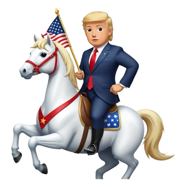 A cartoonish emoji of Donald Trump riding a majestic white horse, wearing a suit with a red tie, holding an American flag, with a confident and triumphant expression, set against a simple background. sticker