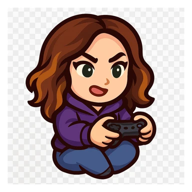 Create a chibi emote of the woman from the reference images, wearing a purple hoodie and jeans, holding a game controller in a gaming pose, no headband, no sparkles, no wand, transparent background in sticker style sticker