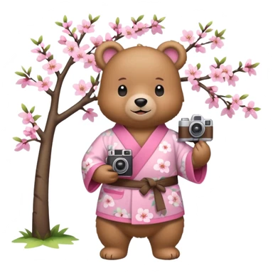 A cute light-brown bear wearing a pastel pink sakura-patterned kimono, normal balanced body ratio.  
Standing under a blooming sakura tree, holding a small camera and taking a picture with a happy smile.  
Kawaii emoji style, minimalistic clean sticker illustration, simple scenic background.
 sticker