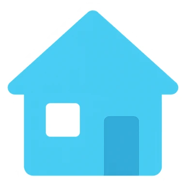 simple house with square body, triangle roof, rectangle door, square window, all elements colored #00EEFF sticker