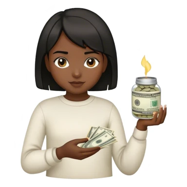 a young girl with dark skin and short black hair holding money and a pot of glue in her hands sticker