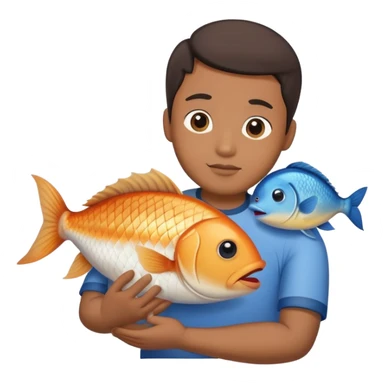 Asian man holding/hugging a fish like a baby, half body will do, the fish does not need a human face sticker