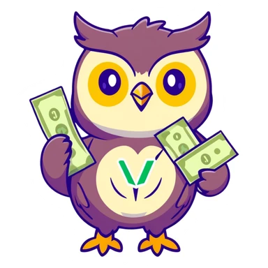 wealth luck symbolizing owl character, large green eyes, golden feathers, holding a money pouch in its feet, pastel tones, sticker style, rounder and cuter sticker
