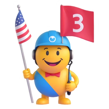 3D smiley emoji, round shape, motorcyclist with flag: holding flag, wearing helmet, smiling face sticker