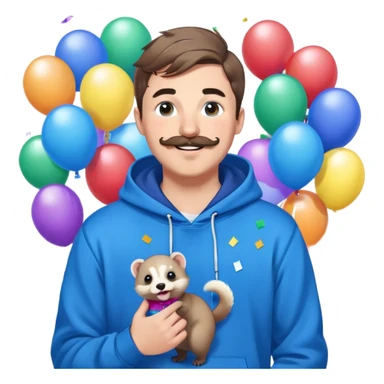 Mr. Beast wearing a blue hoodie, ferret mustache, small light beard, big friendly smile, standing in front of a colorful, fun background with confetti and balloons sticker