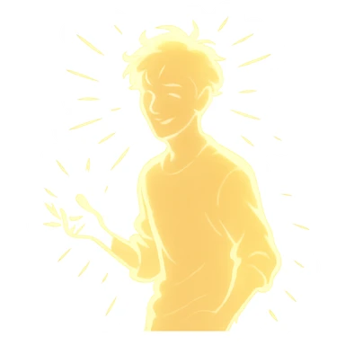 radiant young man with a soft glow and captivating energy, symbolizing lighthearted chaos and allure, in a minimalist silhouette sticker