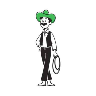 Cowboy wearing a bright green hat with no star, lasso in hand, western outfit sticker