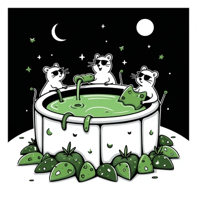 circular centered composition of a hamster cult weed and cheese pool party at night, hand-drawn, black doodle style sticker