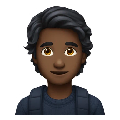 India boy middle parting black long hair dark hazel eyes navy jumper sticker