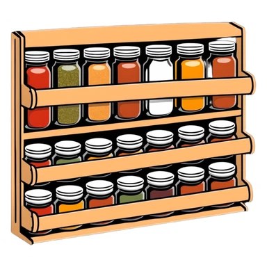 A wooden spice rack with various labeled jars of spices sticker