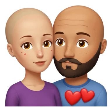 Couple. Bald man with dark brown-black beard. Woman with many small, faded, round freckles, white skin and she has auburn-yellow-brown-caramel-cinnamon dark hair. She has light yellow-brown eyes. He have hazel eyes. They look at each other. Many small red hearts around them. sticker