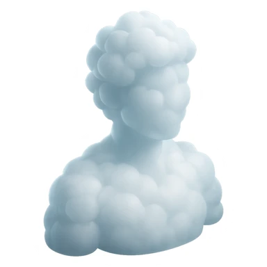 shoulder-up person fully made of white fluffy convex clouds, matte glass style, volumetric and soft clouds, airy and light appearance, clouds with slight transparency, no background sticker