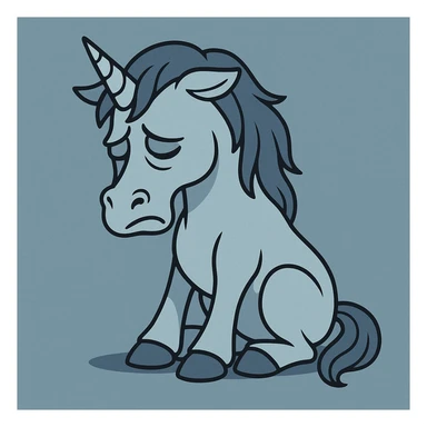 a sad unicorn with head down, blue and gray color palette, cartoon style sticker