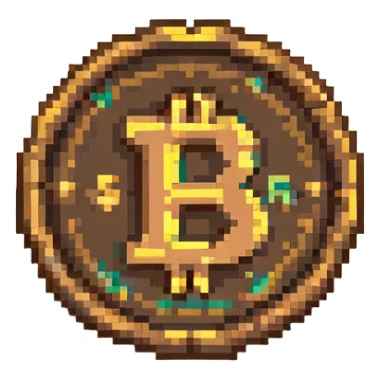 A bronze coin with S.R symbols in the middle, pixelated style sticker