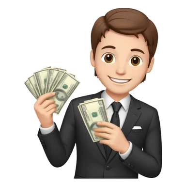 white male in a suit with money in his hand, smiling expression, happy face, brown hair sticker