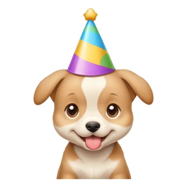 Cute puppy with a silly expression wearing a tiny party hat sticker