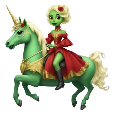 "galora green blonde alien woman" in red Victorian elegant dress, full body, rides unicorn gold and white
 sticker