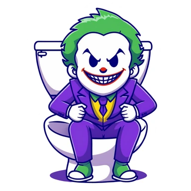 Joker villain sitting on toilet laughing maniacally, green hair, purple suit sticker