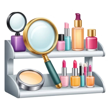 magnifying glass over beauty product shelf, searching for last item sticker