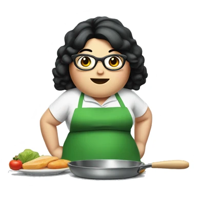 chubby lady with black hair green apron  with glasses cooking  sticker