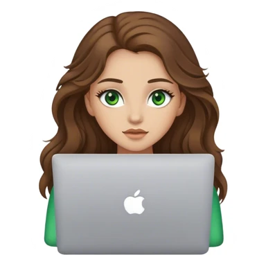 chica de ojos verdes con pelo marrón largo y ondulado, usando una  macbook sticker