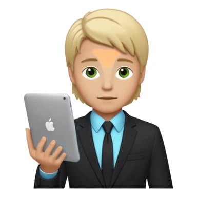 a young boy of about 20 with blond hair that is medium length, he is dressed in suit with tie and jacket, tie blue jacket black, in his hands he has a gray macbook, and black iphone. green-brown eyes sticker