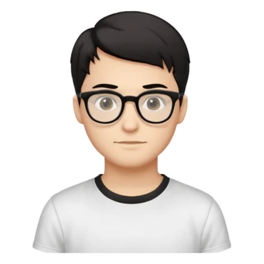 Style anchor + Young adult male American, light-medium skin, short black hair, white crew-neck tee, thin black-rim glasses, friendly neutral. sticker