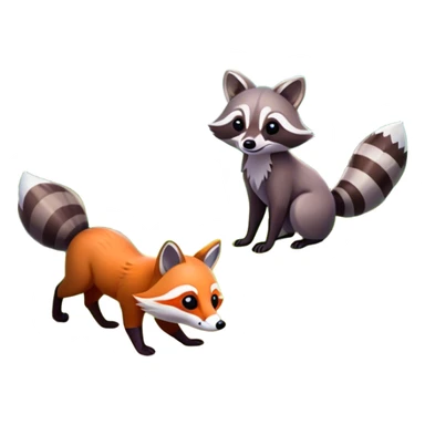 raccoon and a fox among a colorful forest with vibrant green trees, bushes and flowers. The animals are in the foreground, surrounded by a lush, bright forest, with soft sunlight filtering through the leaves. A playful photo-realistic and wild scene with a transparent background. sticker