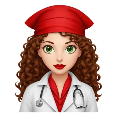 Spanish sexy evil woman. She has green eyes.  had brown long curly hair.  evil surgeon kills with needle wears red sexy doctor coat with red mouth bandana red gloves.  sticker