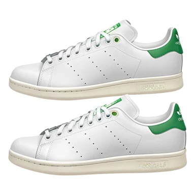 Pair of Adidas Stan Smith sneakers in white and green colorway, one positioned behind the other, both shoes shown from side angle sticker