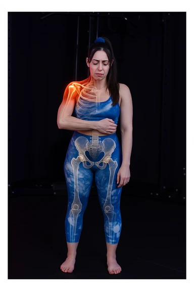 A woman with shoulder pain, add anatomically highlighted shoulders on the body, variant 2, in a style suitable for editing and anatomical emphasis. sticker