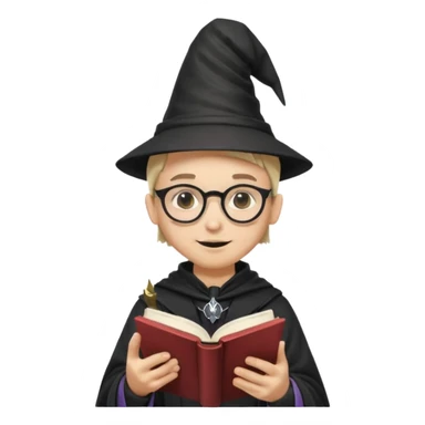 ["A happy boy with light skin, ponytail, wearing a wizard hat and square glasses, dressed in goth fashion, is reading a book while holding a phone."] sticker