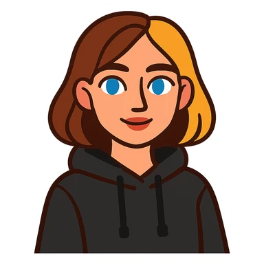 designer girl with blue eyes, brown and blonde hair to shoulders, black hoodie sticker