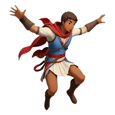 An icon featuring a hero performing a leap of faith from a tower in Florence, inspired by adventure games like Assassin's Creed. The design captures the dramatic moment mid-air, with detailed architecture and a bustling city below. Transparent background sticker