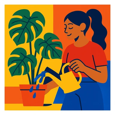 woman watering her monstera plant sticker