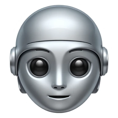 A cute futuristic robot emoji made of silver chrome, rounded friendly body, minimal facial features, glossy metallic surface, soft reflections, iOS emoji style, centered, clean white background sticker
