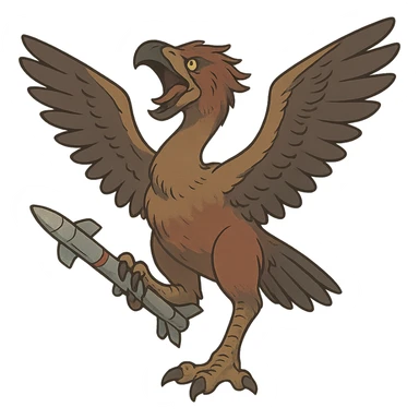an insignia for a flag: a strange foreign alien bird creature, resembling a prehistoric phorusrhacos, gripping a sidewinder missile in its' powerful claw, standing up on its' other claw, cawing fiercely, wings spread in defiance.
 sticker