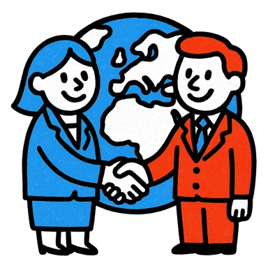 A lively icon of two businesspeople shaking hands over a world map, using only colors #1E90FF, #F13816, and #FFFFFF sticker