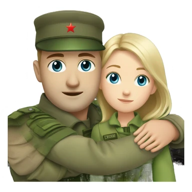 russian soldier with blue eyes hug girl with green eyes near train sticker