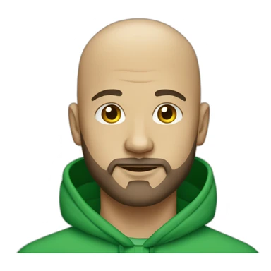 A bald man with a beard and a green hoodie sticker