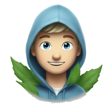 smiling Caucasian boy with blue eyes in hoodie surrounded by green leaves and smoke behind him sticker